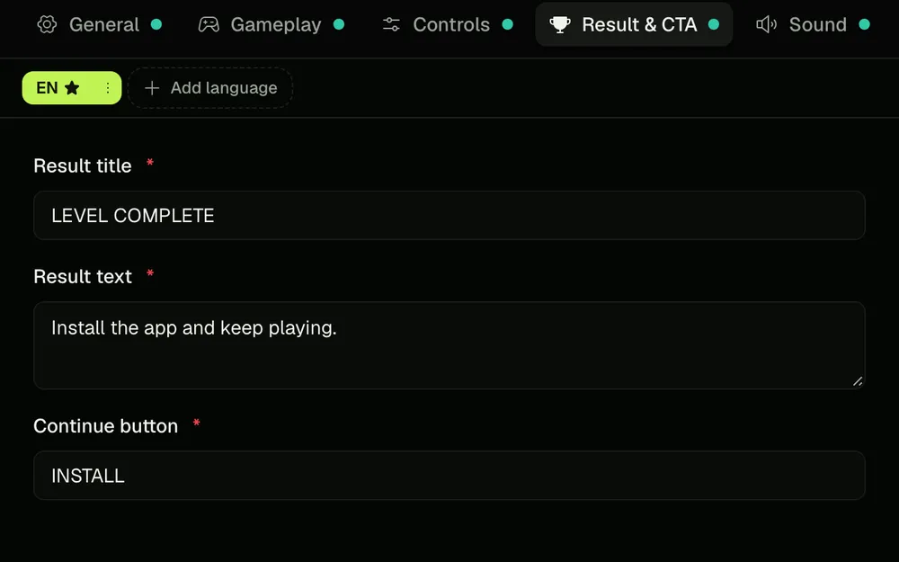 The Result and CTA tab of the playable editor in Ramet.